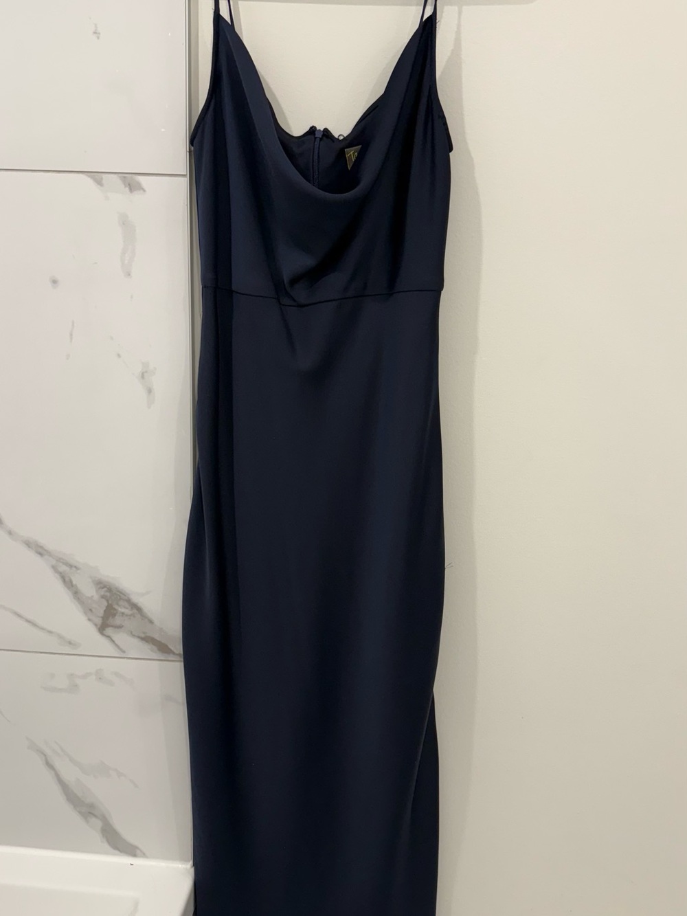 Sleeveless Navy Cowl Neck Evening Dress